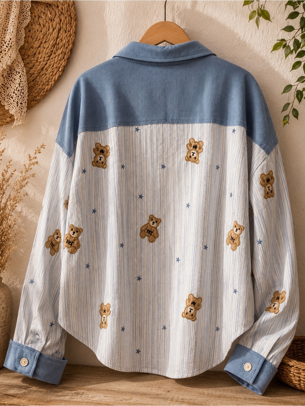 Blue Teddy Bear Embroidered Button Up Shacket Cottagecore Boho Top Size L NWT - Picture 3 of 10